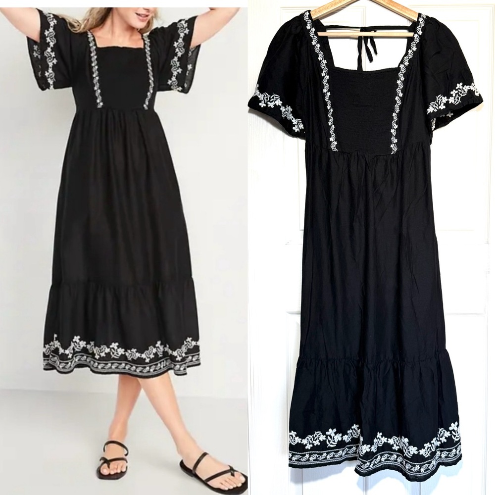 Old Navy Smocked White Embroidered Floral Midi Dress Flutter Sleeves Sz S Boho